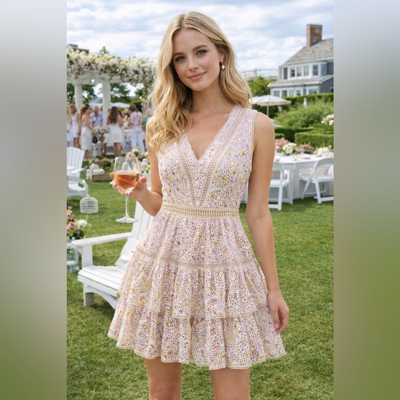 ALICE + OLIVIA Tonie Floral Lace Eyelet Tiered Ruffle Mini Sleeveless Dress